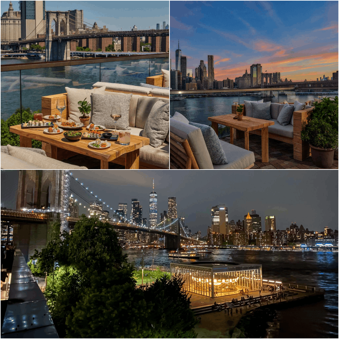 Hosting family at Harriet’s rooftop in Brooklyn with breathtaking skyline and waterfront views of New York City.