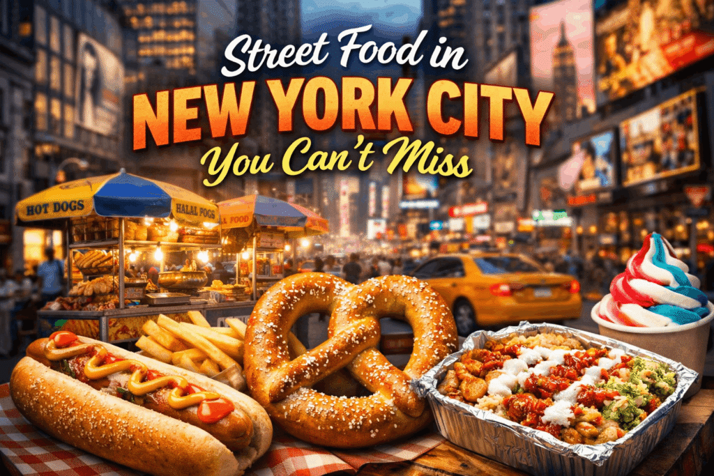 Street food in New York City featuring hot dogs, pretzels, fries, halal platter, and more