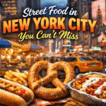 Street food in New York City featuring hot dogs, pretzels, fries, halal platter, and more