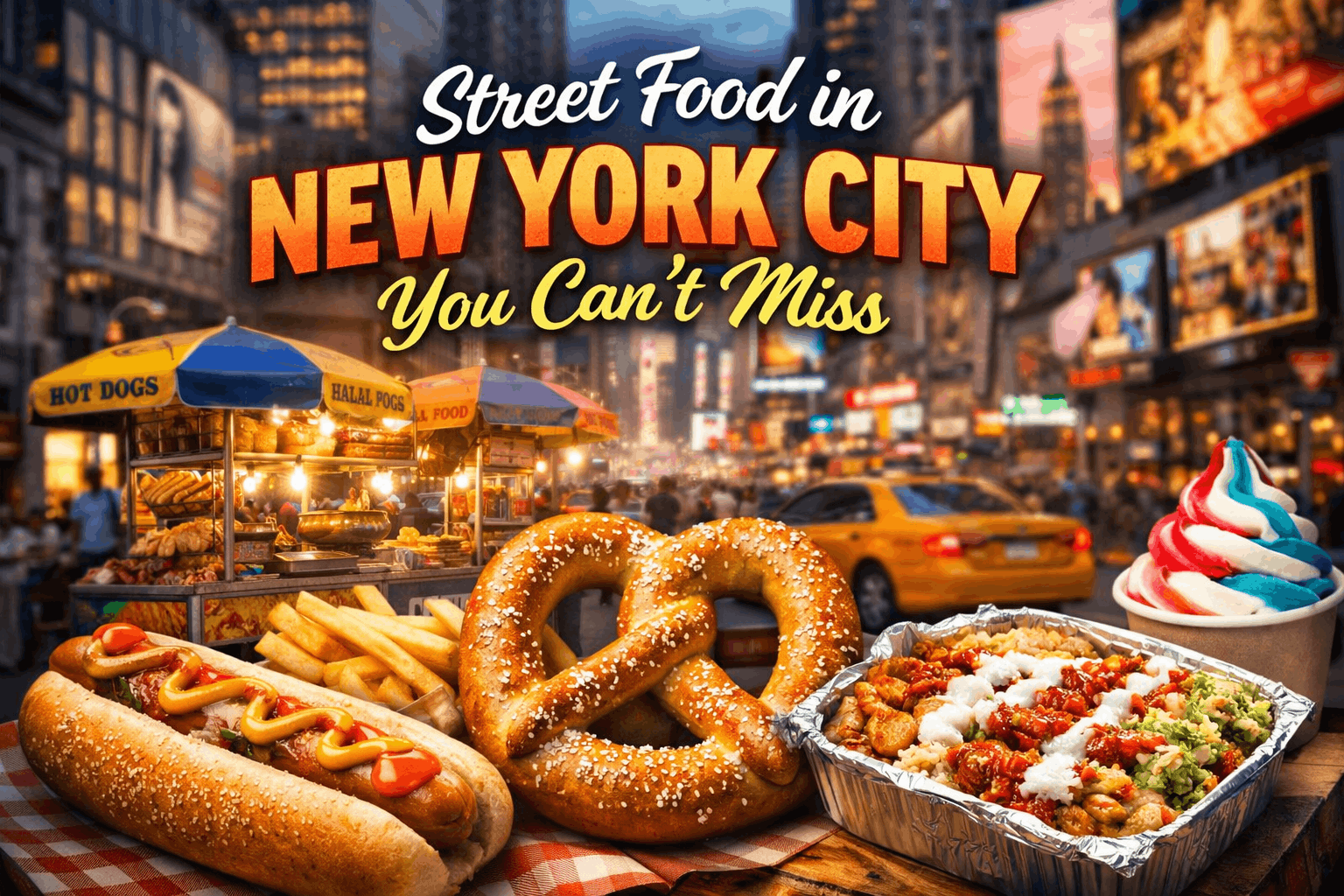 Street food in New York City featuring hot dogs, pretzels, fries, halal platter, and more