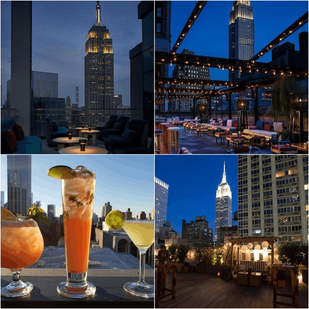 A perfect NYC evening at Refinery Rooftop with iconic Empire State Building views and a vibrant rooftop atmosphere.