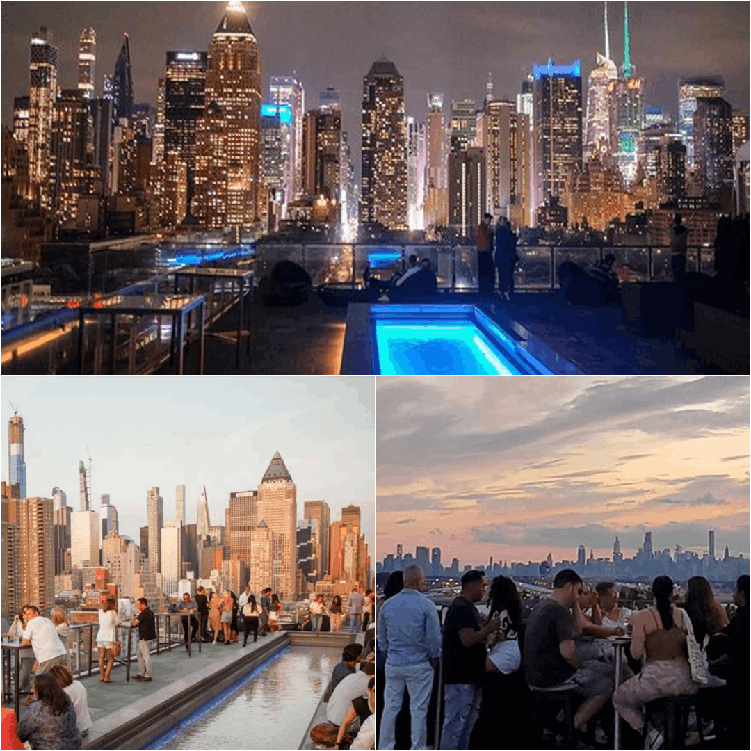 The Press Lounge rooftop bar in Hell’s Kitchen with romantic sunset views over Manhattan skyline