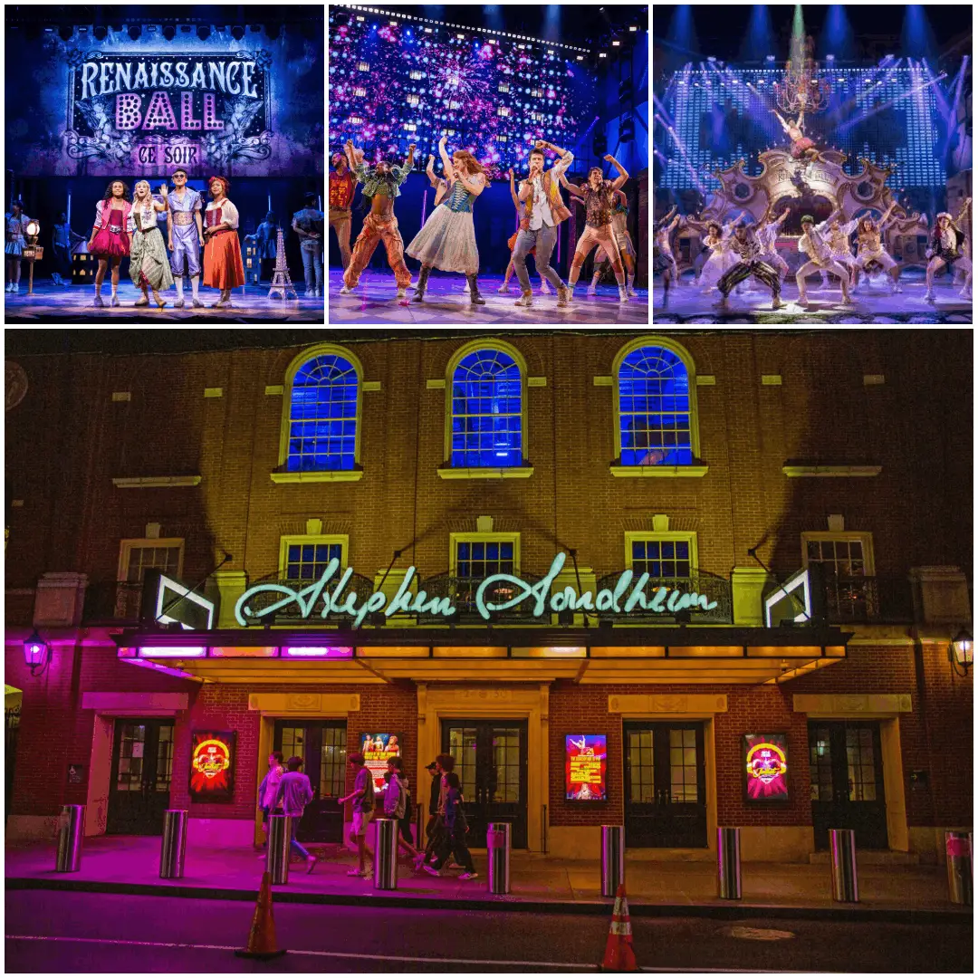 Live Broadway show in NYC theater with stage performance, audience seating, and immersive lighting experience