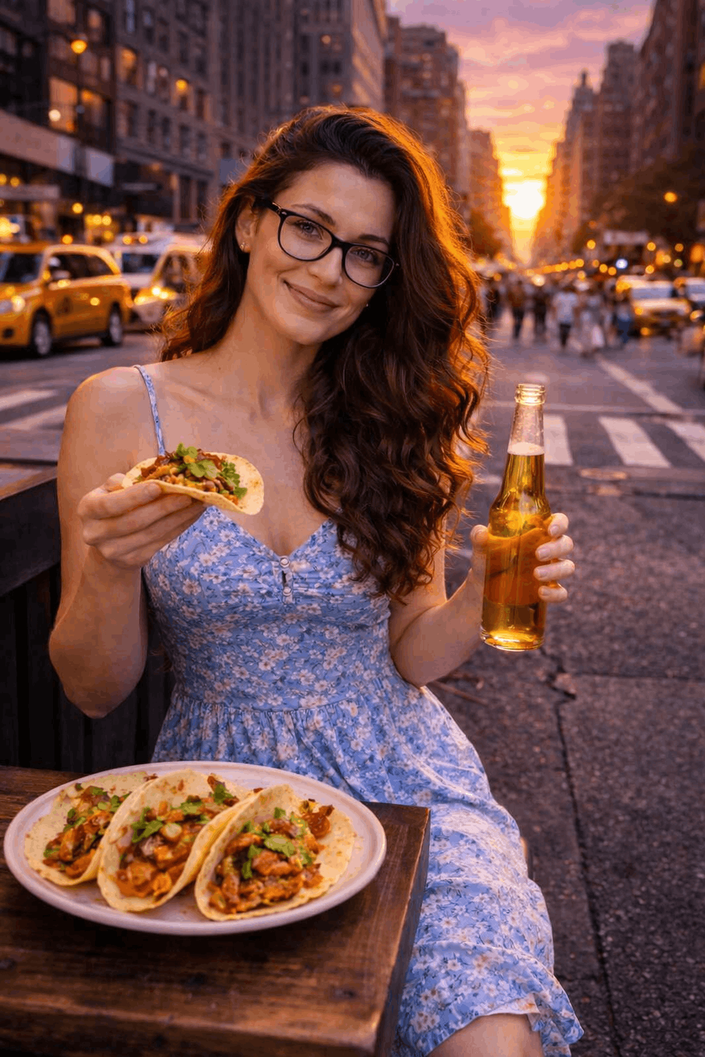 Enjoying tacos with a chilled drink on a beautiful sunset evening in New York City