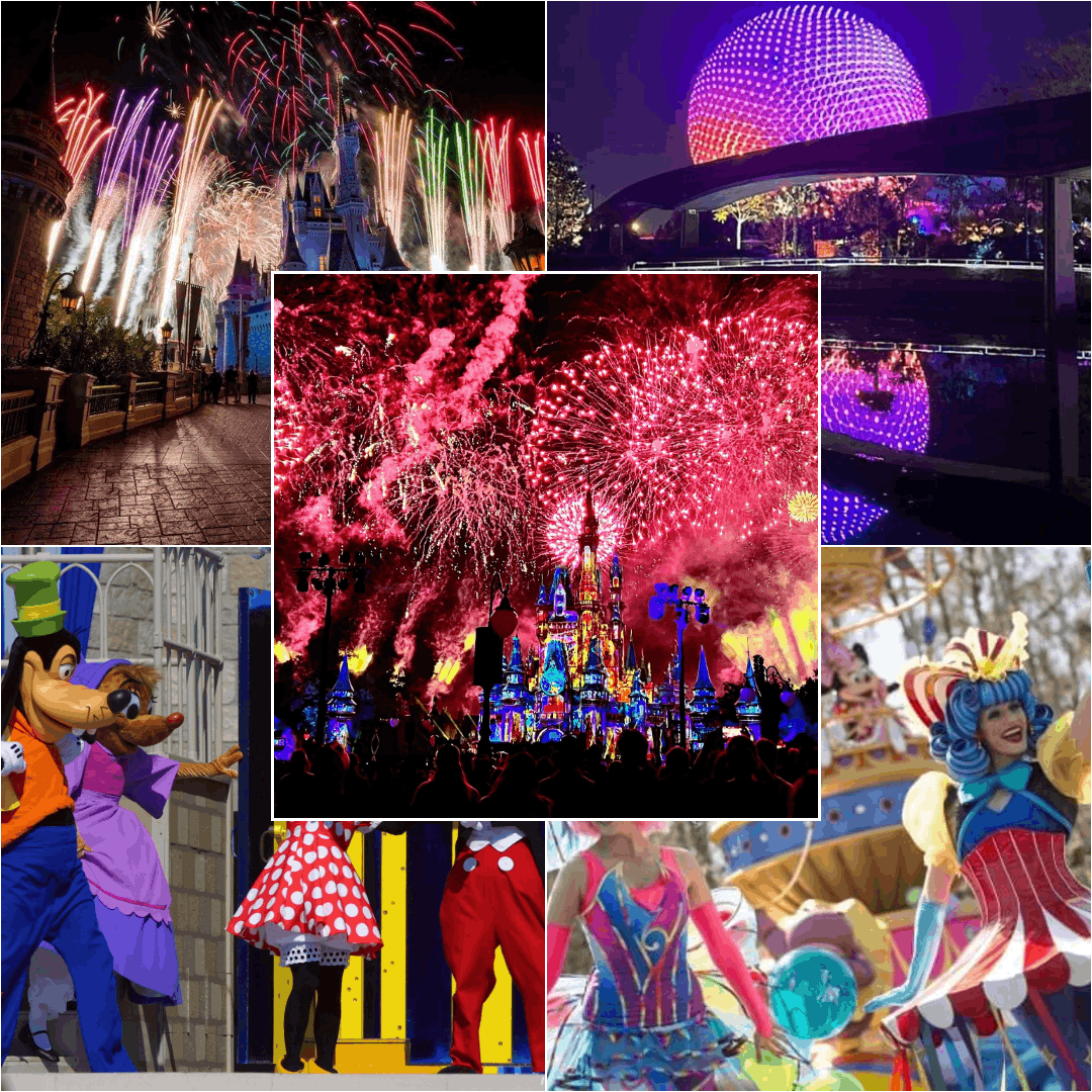 Walt Disney World Orlando castle fireworks with theme park rides and family attractions