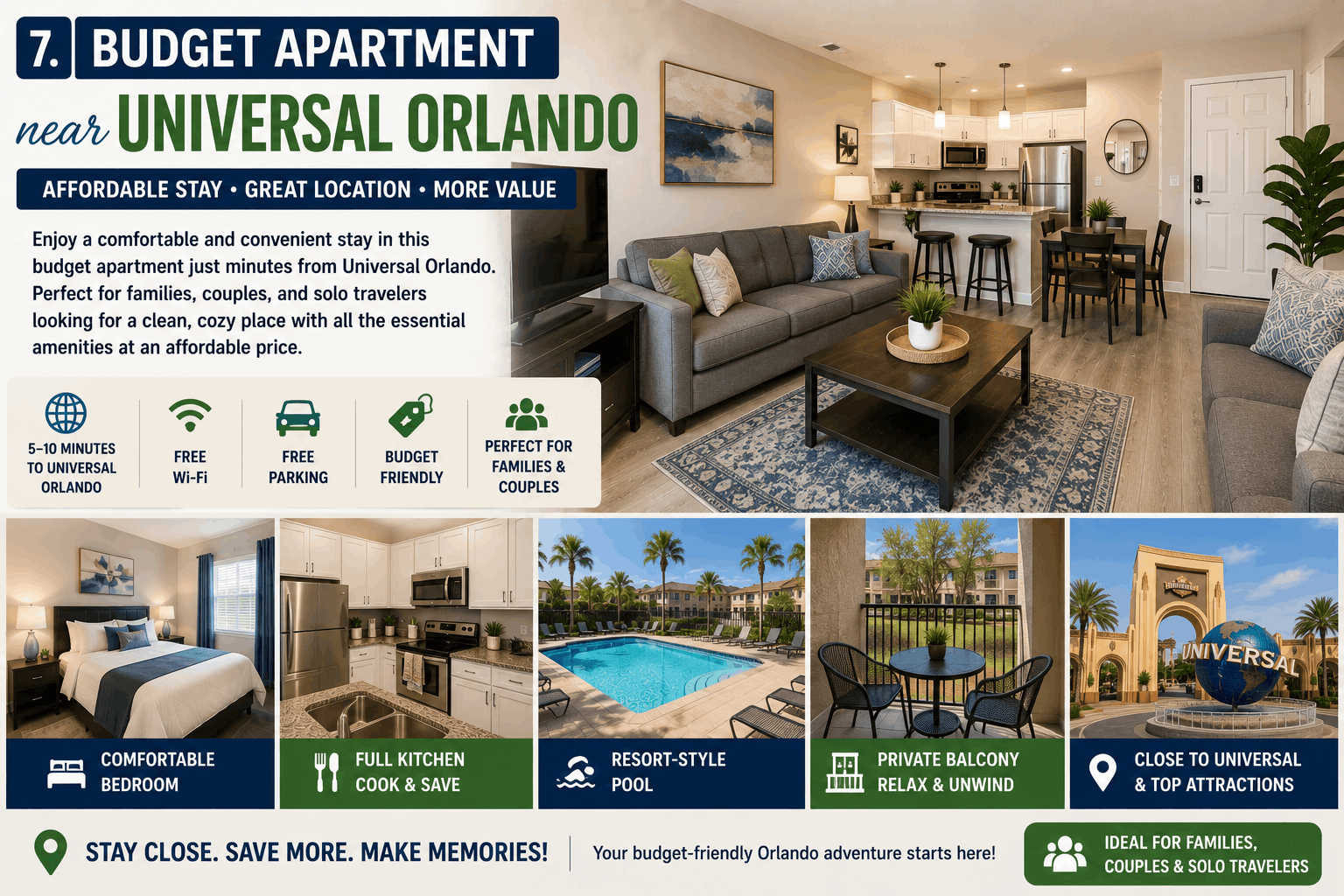 Budget Airbnb apartment near Universal Orlando with modern living room, full kitchen, resort pool, and family-friendly amenities