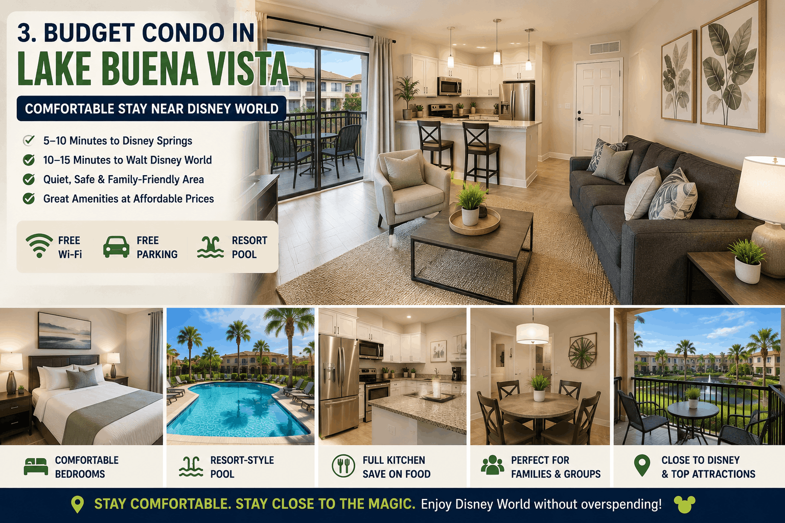 Budget Airbnb condo in Lake Buena Vista, Orlando with modern living room, full kitchen, resort pool, and family-friendly amenities near Walt Disney World