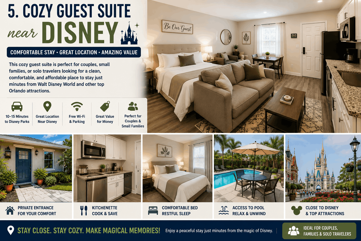 Cozy Airbnb guest suite near Walt Disney World in Orlando with comfortable bedroom, kitchenette, private entrance, and family-friendly amenities
