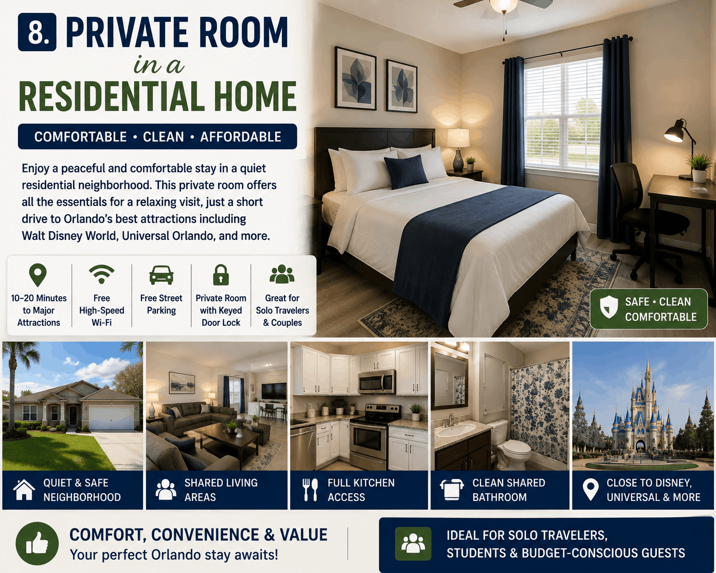 Affordable Airbnb private room in a residential home in Orlando with comfortable bedroom, shared kitchen, free Wi-Fi, and parking near Disney and Universal Orlando
