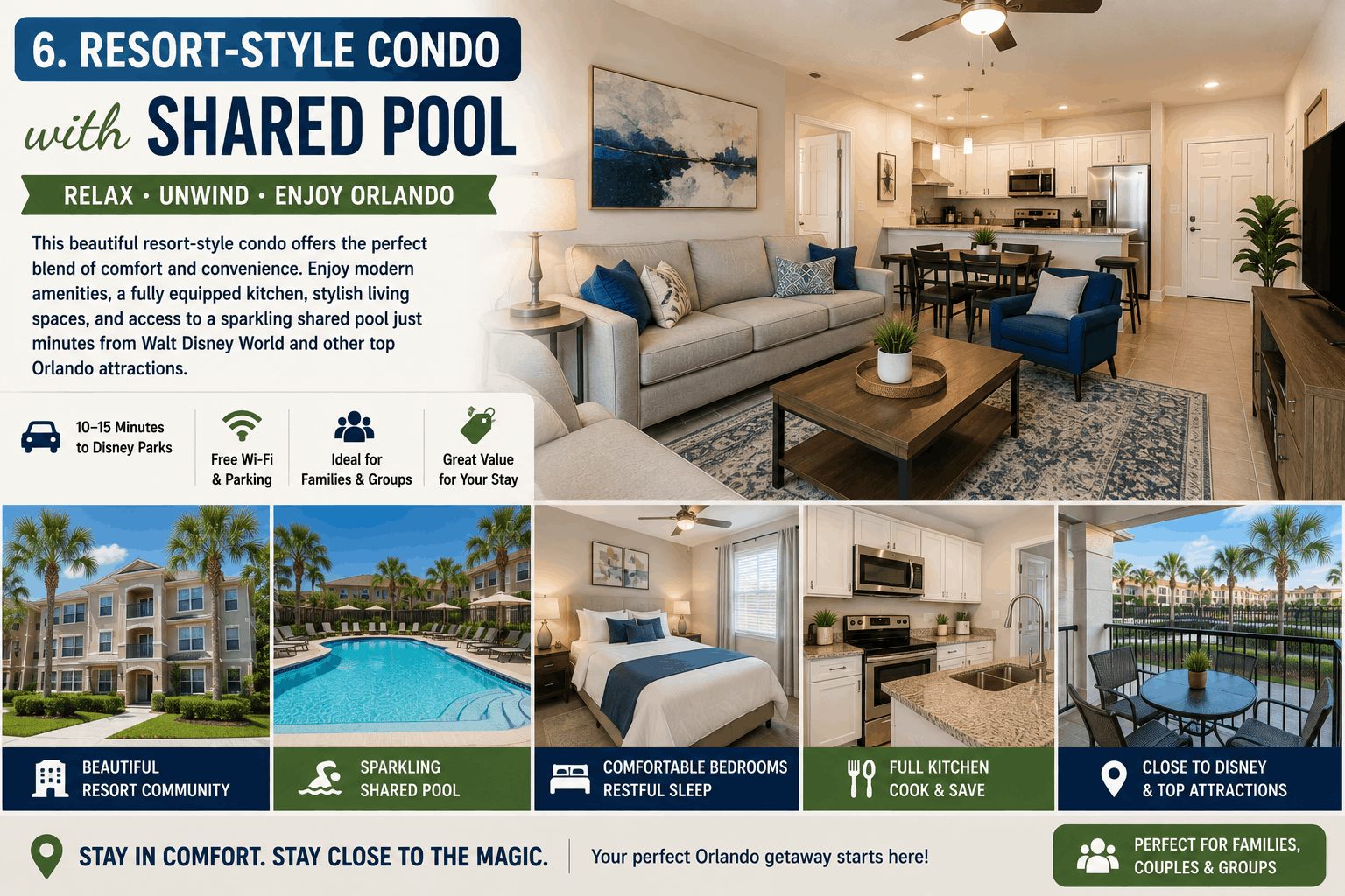 Resort-style Airbnb condo in Orlando with shared swimming pool, modern living room, full kitchen, and family-friendly amenities near Walt Disney World