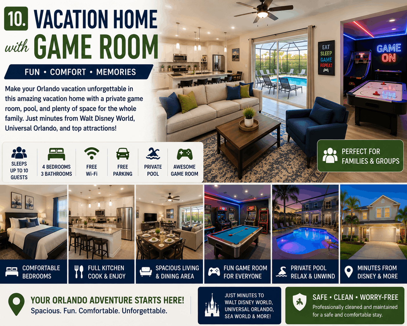 Family-friendly Airbnb vacation home in Orlando with game room, private pool, full kitchen, spacious living area, and modern amenities near Walt Disney World